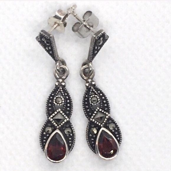 Red Garnet Sterling Silver Marcasite Drop Earrings - Picture 5 of 6
